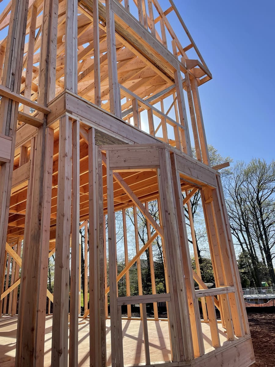 Close-up view of exterior wall framing on a new residential construction project by Cursi Construction Inc.